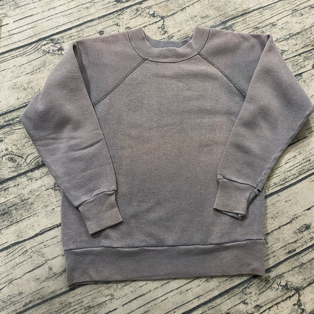 ICU 70s Vtg Blank Sweatshirt Crewneck Kids M Distressed Faded Overlock Knit